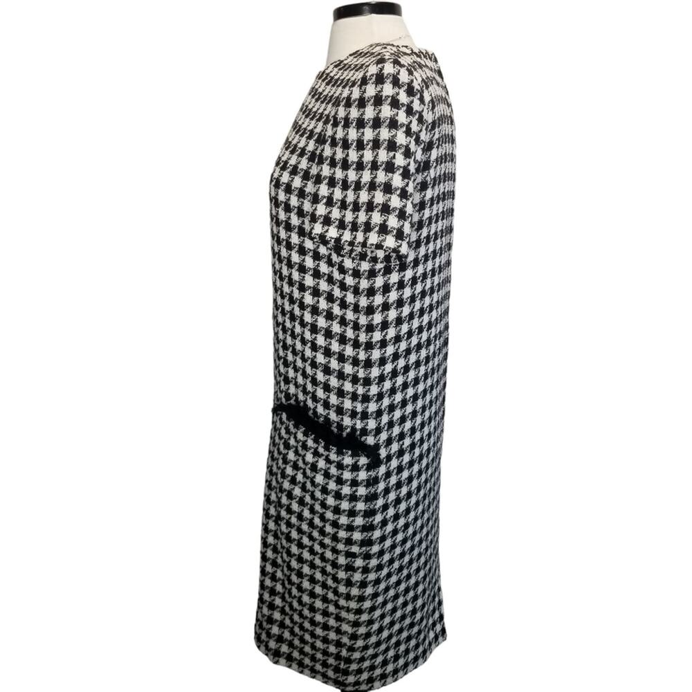 Albert Nipon Dress Size 10 Houndstooth Shift Dress Fringe Trim Black White - Picture 4 of 9